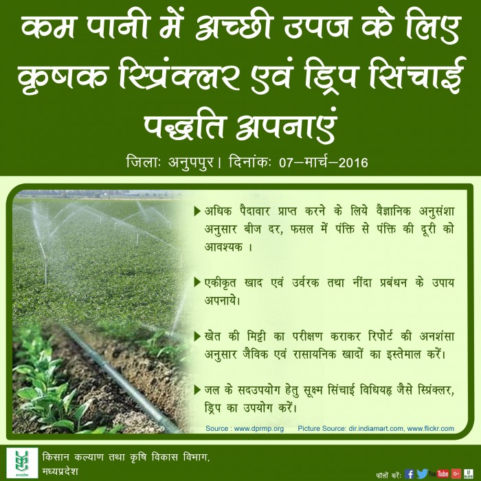 कम पानी में अच्छी उपज के लिए कृषक स्प्रिंक्लर एवं ड्रिप सिंचाई पद्धति अपनाएं कम पानी में अच्छी उपज के लिए कृषक स्प्रिंक्लर एवं ड्रिप सिंचाई पद्धति अपनाएं