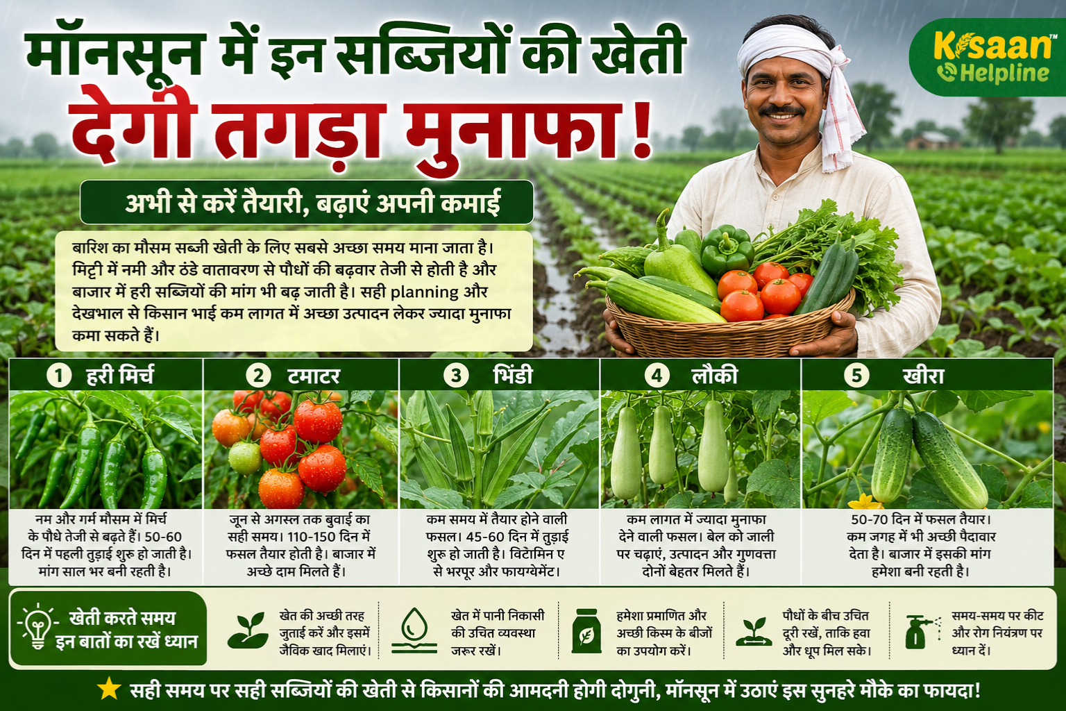 मॉनसून में इन सब्जियों की खेती बदल सकती है किसानों की किस्मत, कम लागत में होगा ज्यादा मुनाफा