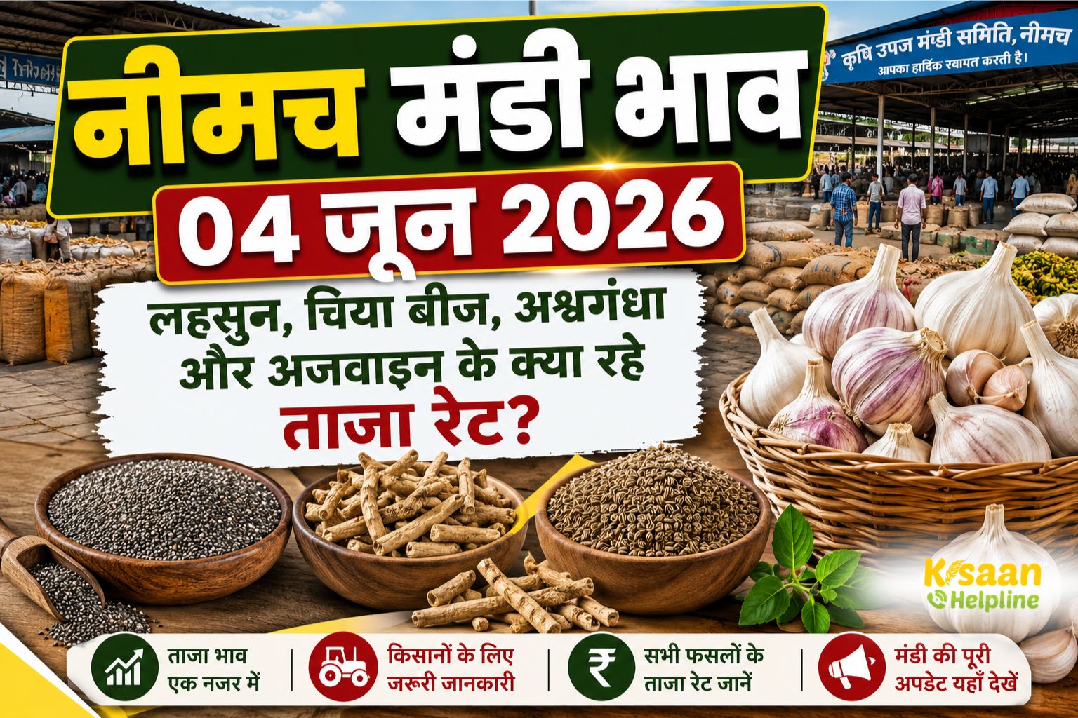 नीमच मंडी भाव 04 जून 2026: लहसुन, सोयाबीन, धनिया और चिया बीज के पूरे रेट देखें