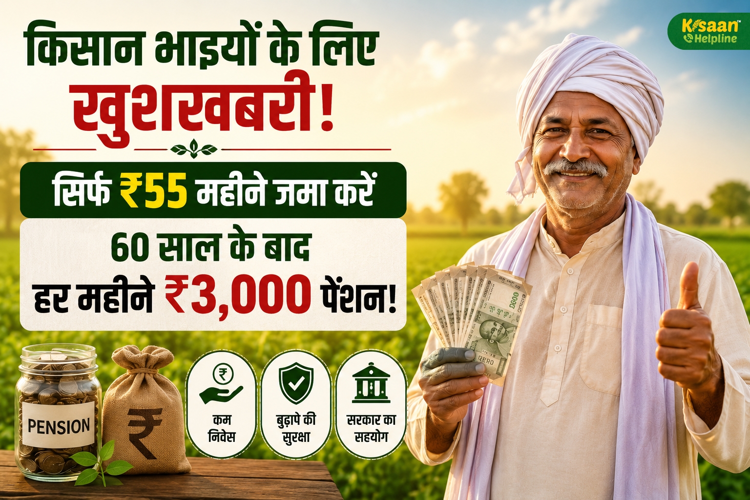 ₹55 महीने की बचत, 60 की उम्र के बाद हर महीने ₹3,000 पेंशन! किसानों के लिए सरकार की शानदार योजना