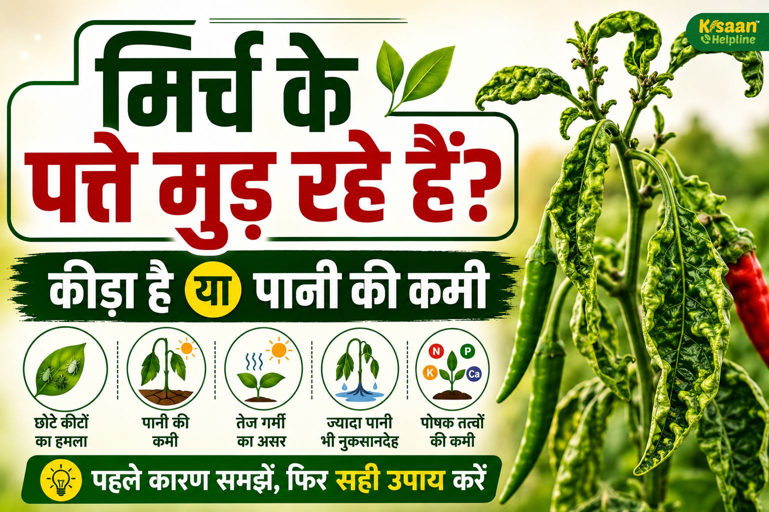 मिर्च के पत्ते मुड़ रहे हैं? कीड़ा, पानी या गर्मी—पहले पहचानें सही वजह